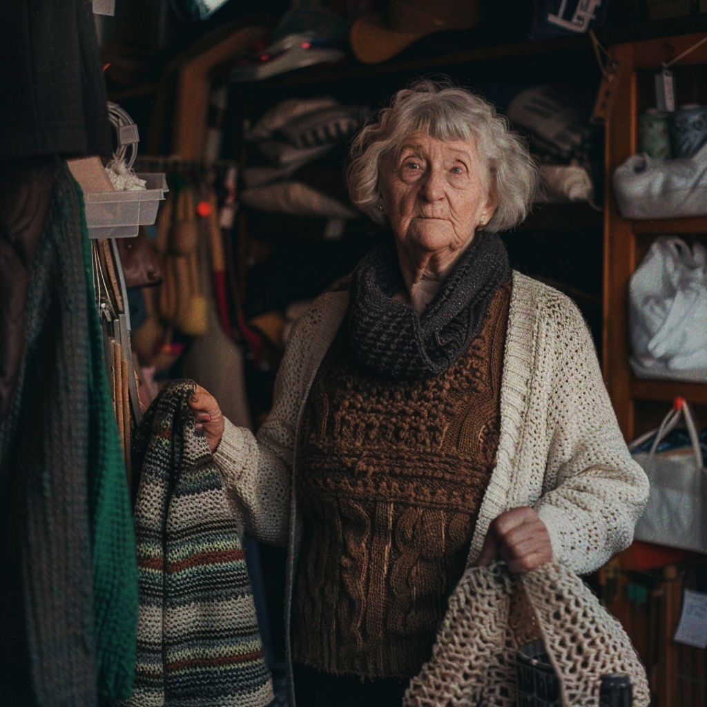 Eine Frau hält Strickwaren in einem Laden | Quelle: Midjourney