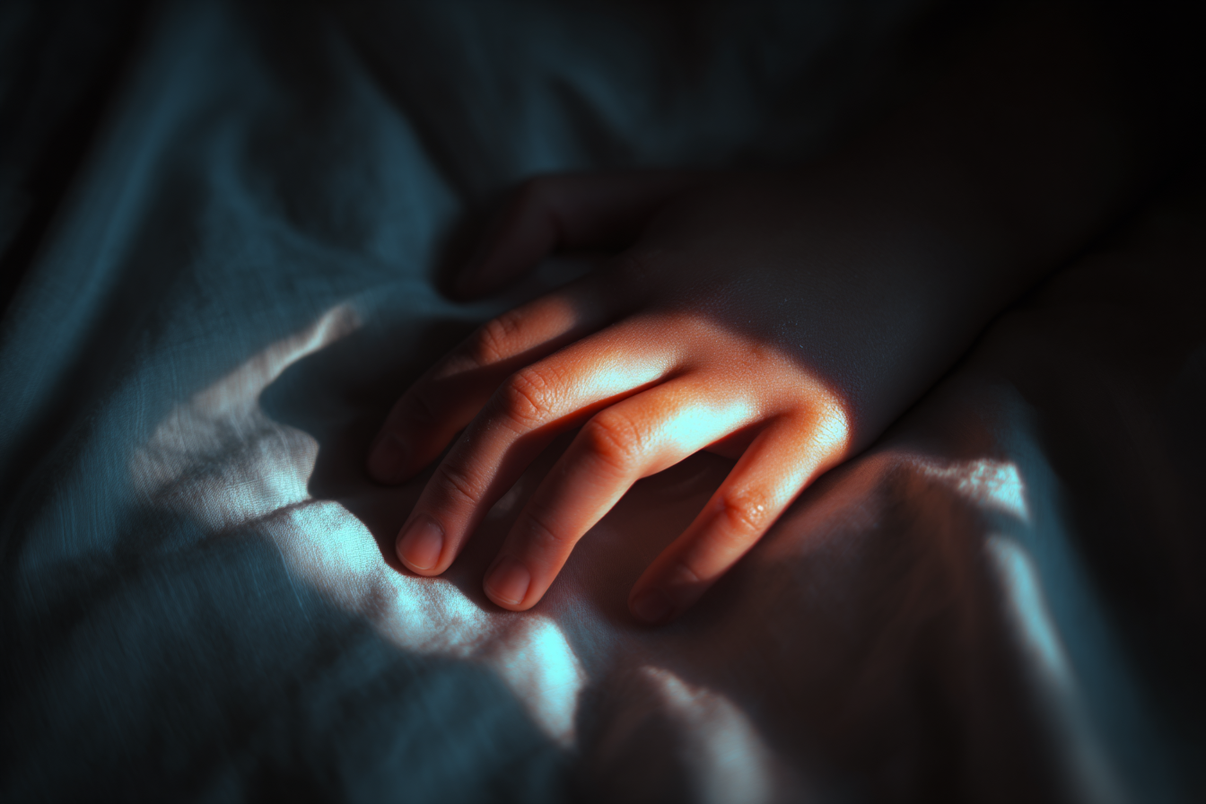 Eine Kinderhand drückt gegen das Bettzeug | Quelle: Midjourney