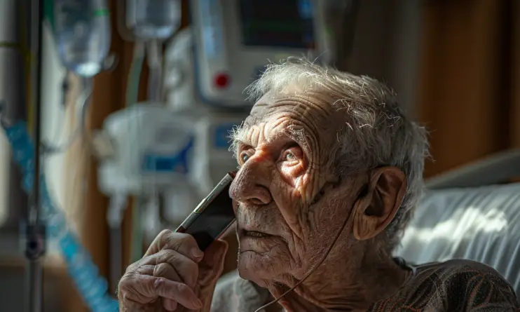 Ein alter Mann in einem Krankenhausbett, der mit einem Handy telefoniert | Quelle: Midjourney