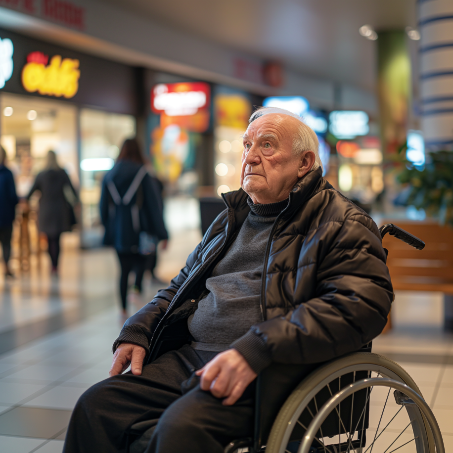 Ein älterer Mann in einem Rollstuhl in einem Einkaufszentrum | Quelle: Midjourney