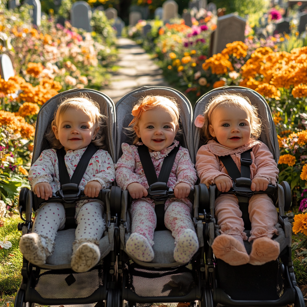 Drillinge in einem Kinderwagen | Quelle: Midjourney