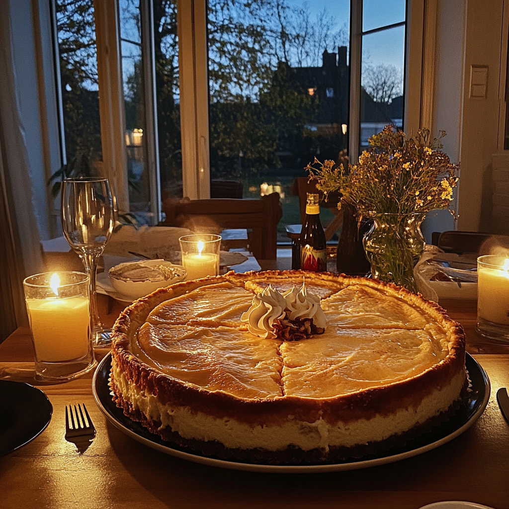 Ein Käsekuchen auf einem Esstisch | Quelle: Midjourney