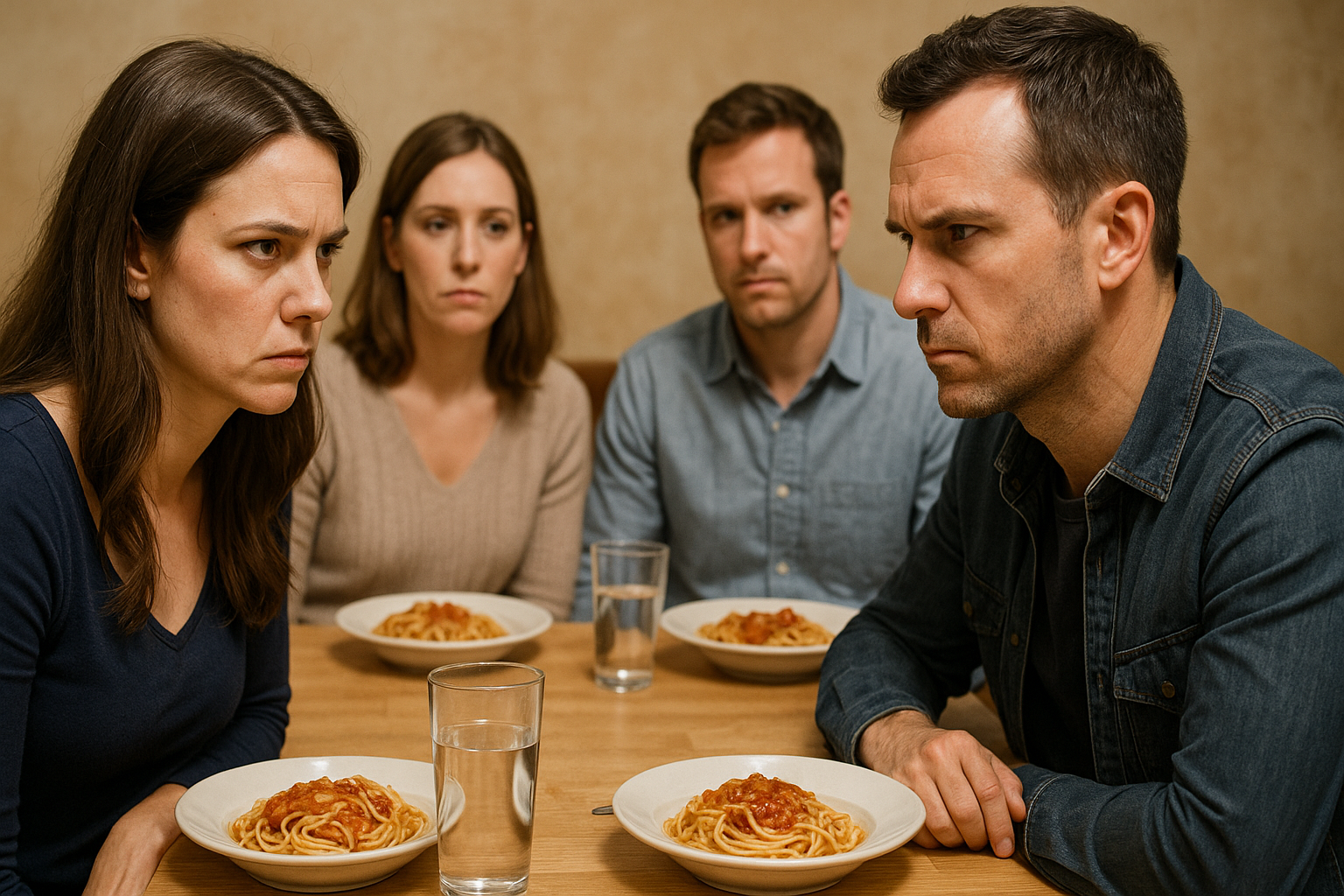 Zwei Frauen und zwei Männer bei einem Abendessen | Quelle: Sora