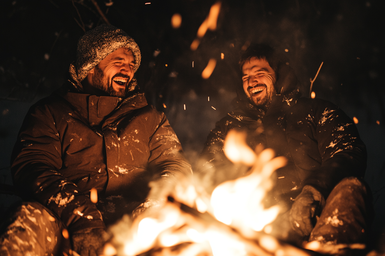 Zwei Männer lachen zusammen an einem Feuer | Quelle: Midjourney