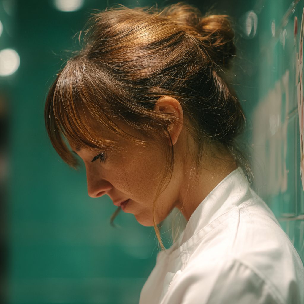 Emocjonalna kobieta w białym fartuchu szefa kuchni | Źródło: Midjourney