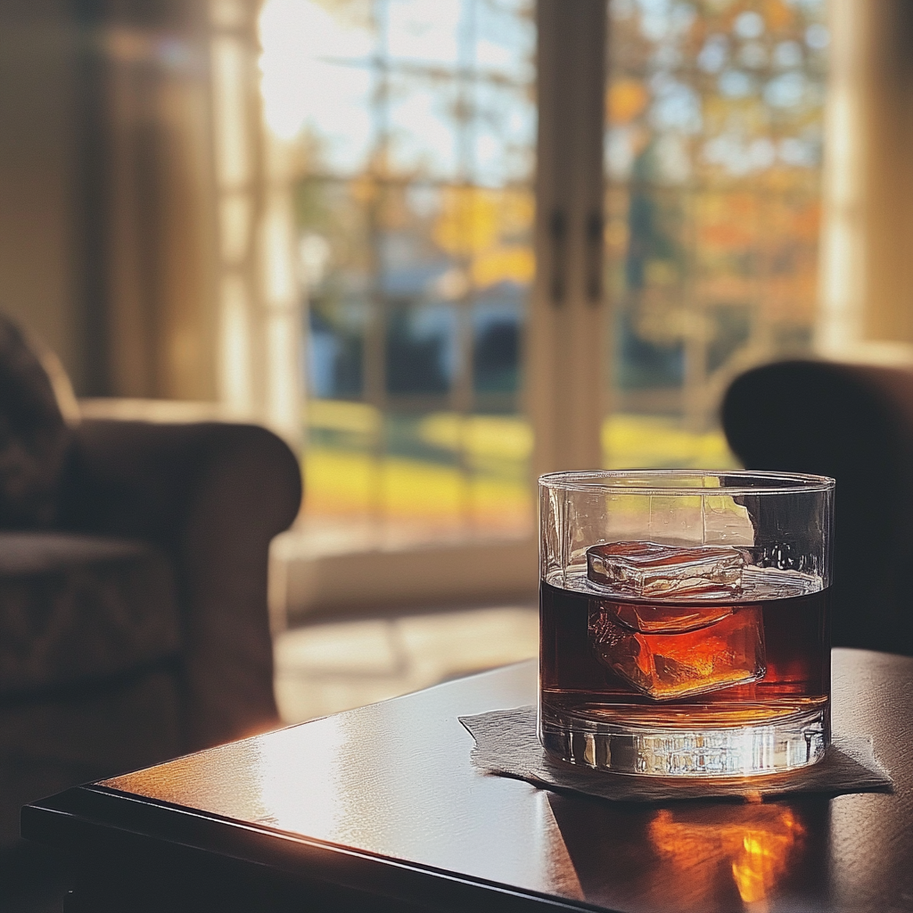 Ein Glas Whiskey auf einem Couchtisch | Quelle: Midjourney