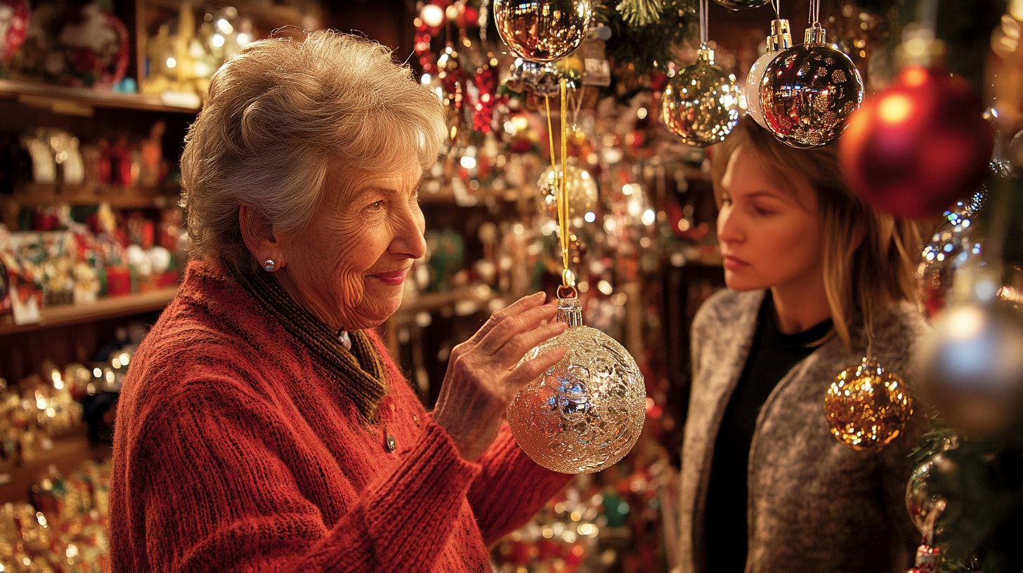 Ältere Dame mit Weihnachtsschmuck in der Hand | Quelle: Midjourney