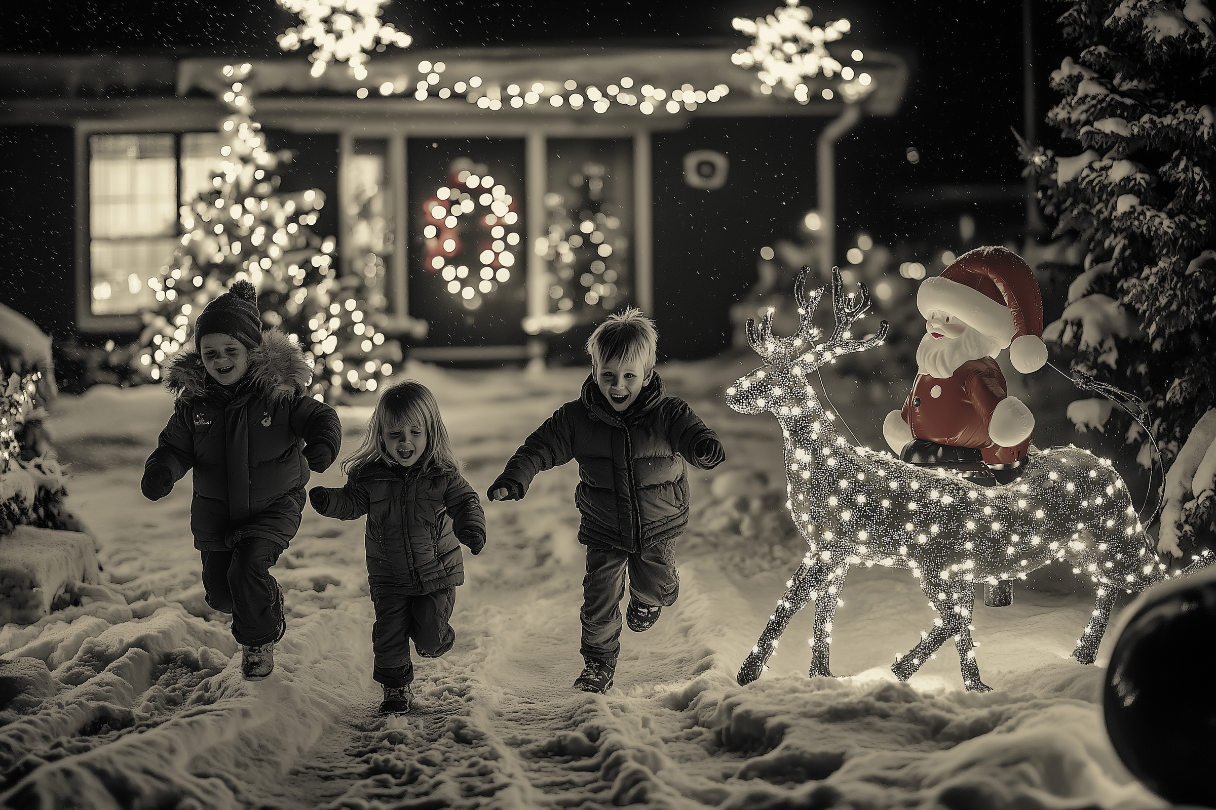 Drei Kinder laufen durch einen verschneiten Hof mit Weihnachtsschmuck | Quelle: Midjourney