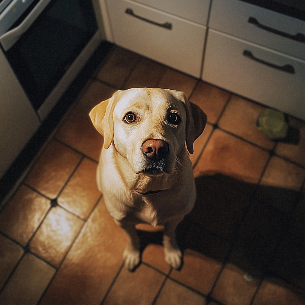 Ein Labrador sitzt auf dem Küchenboden | Quelle: Midjourney