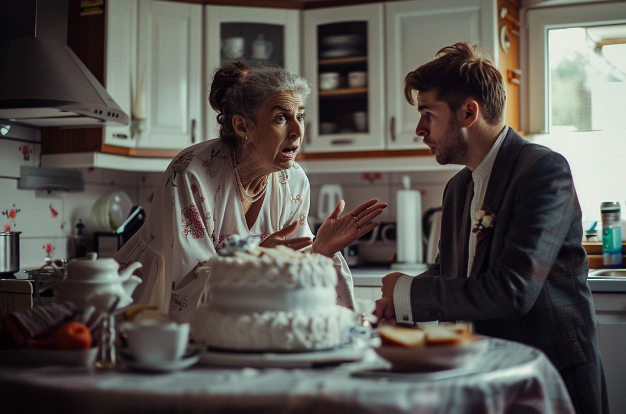 Ein Mann streitet sich mit seiner Mutter in einer Küche | Quelle: Midjourney