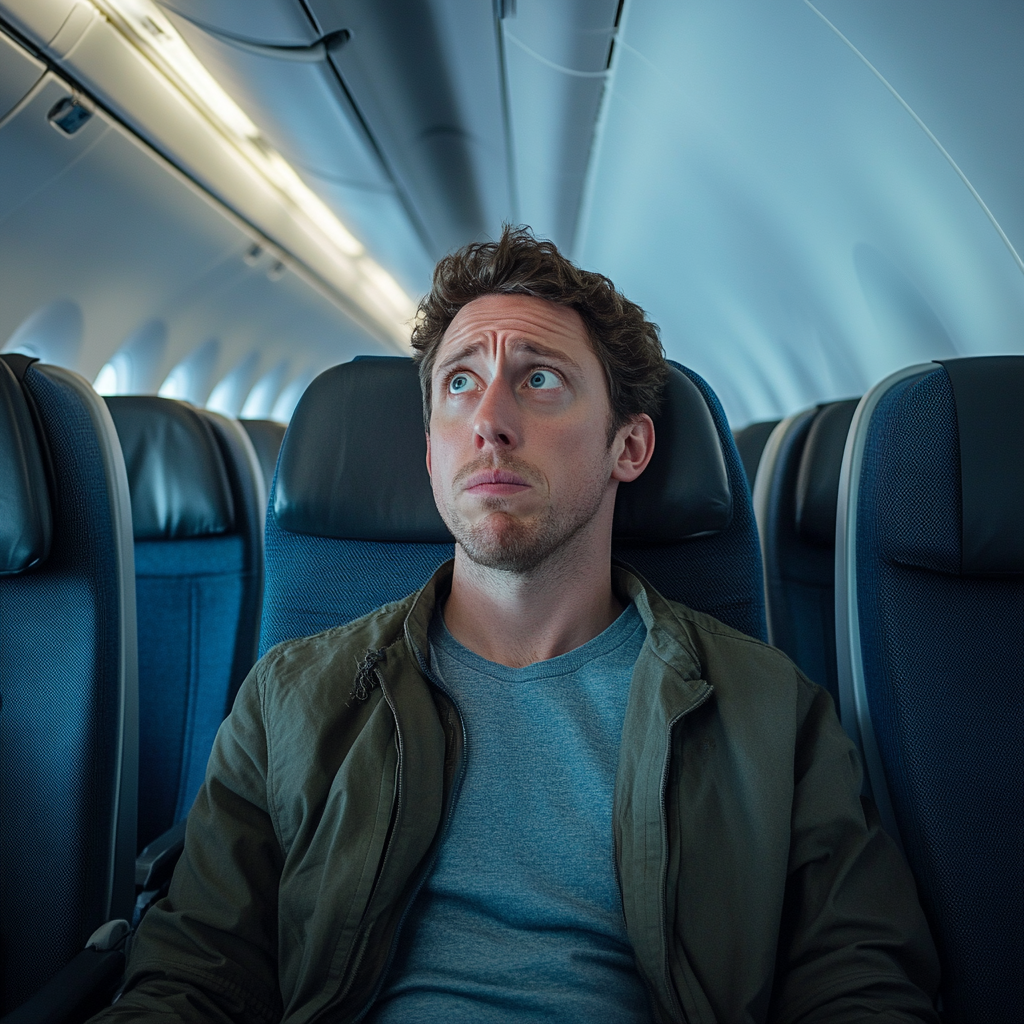 Ein besorgt aussehender Mann in einem Flugzeug | Quelle: Midjourney