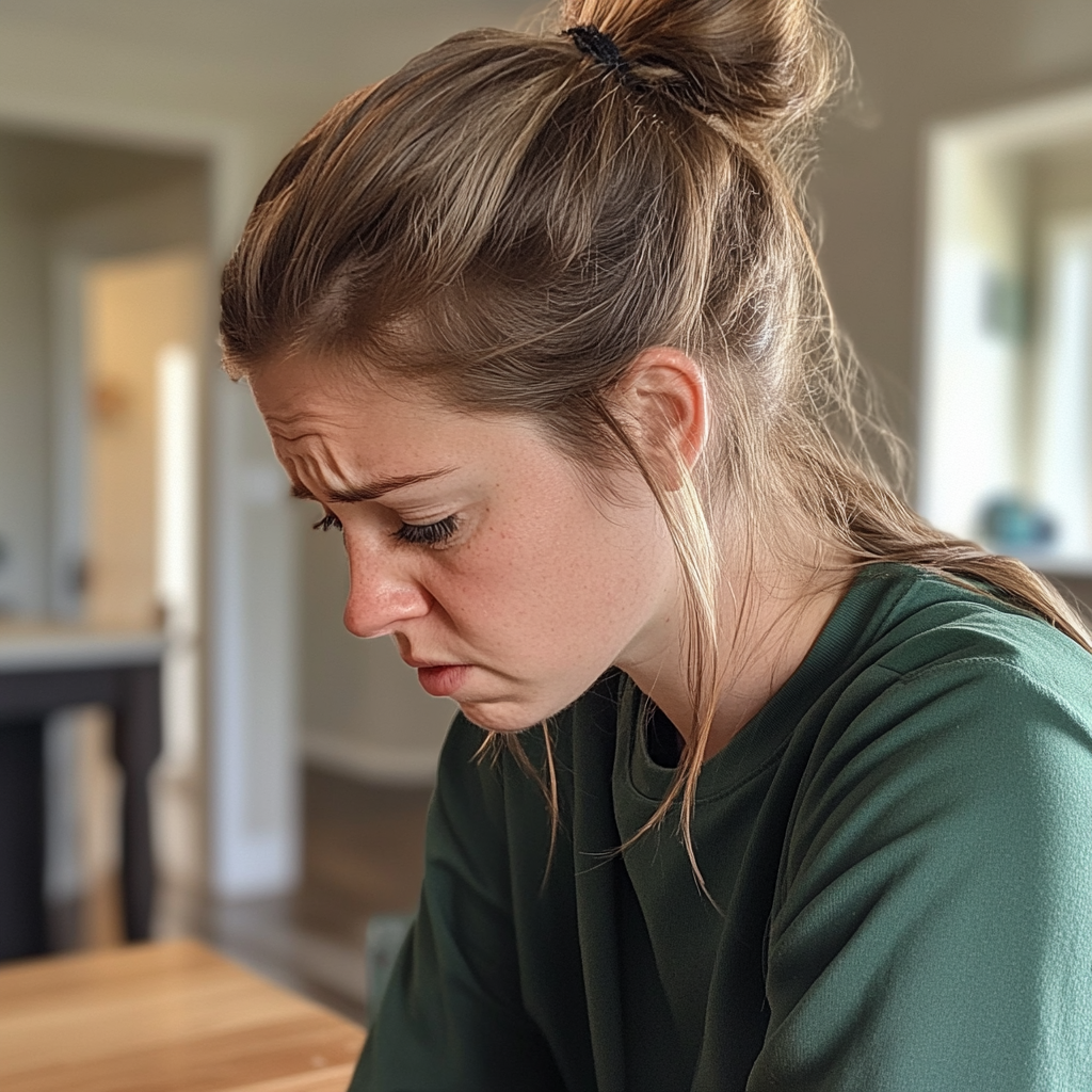 Eine aufgebrachte Frau sitzt am Küchentisch | Quelle: Midjourney