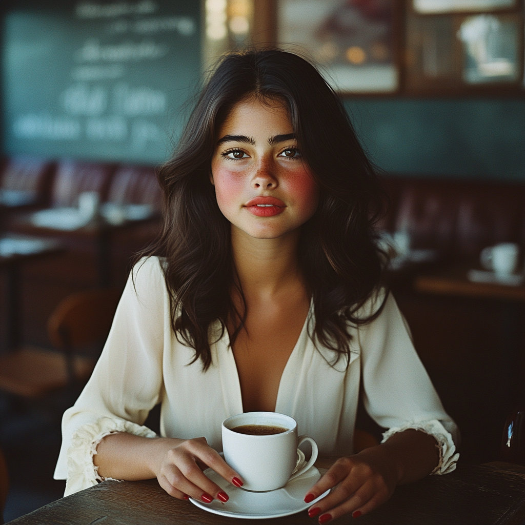 Eine Frau mit einer Latte sitzend | Quelle: Midjourney