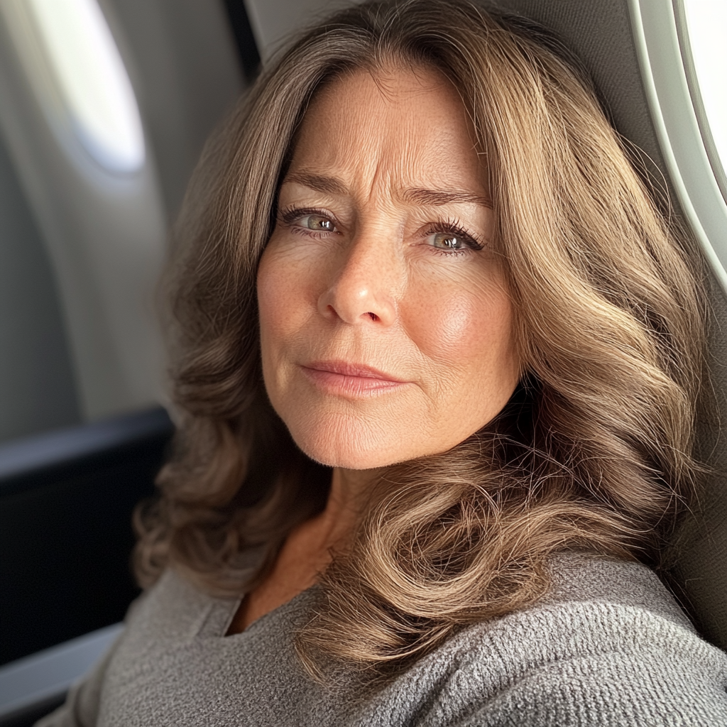 Eine emotionale Frau, die in einem Flugzeug sitzt | Quelle: Midjourney