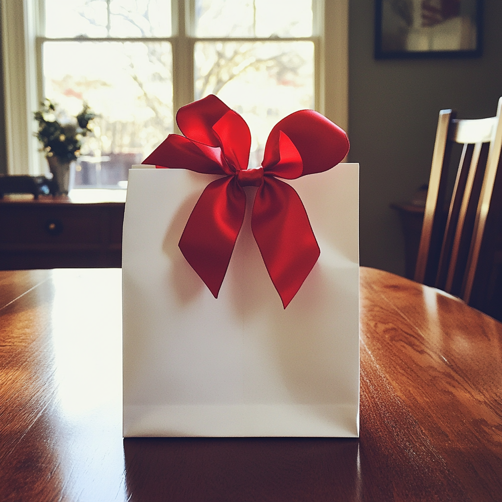 Eine weiße Geschenktüte auf einem Tisch | Quelle: Midjourney