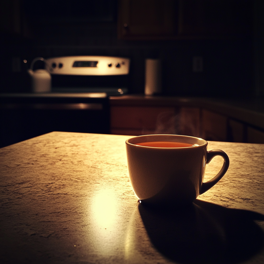 Eine Tasse Tee auf einem Küchentisch | Quelle: Midjourney
