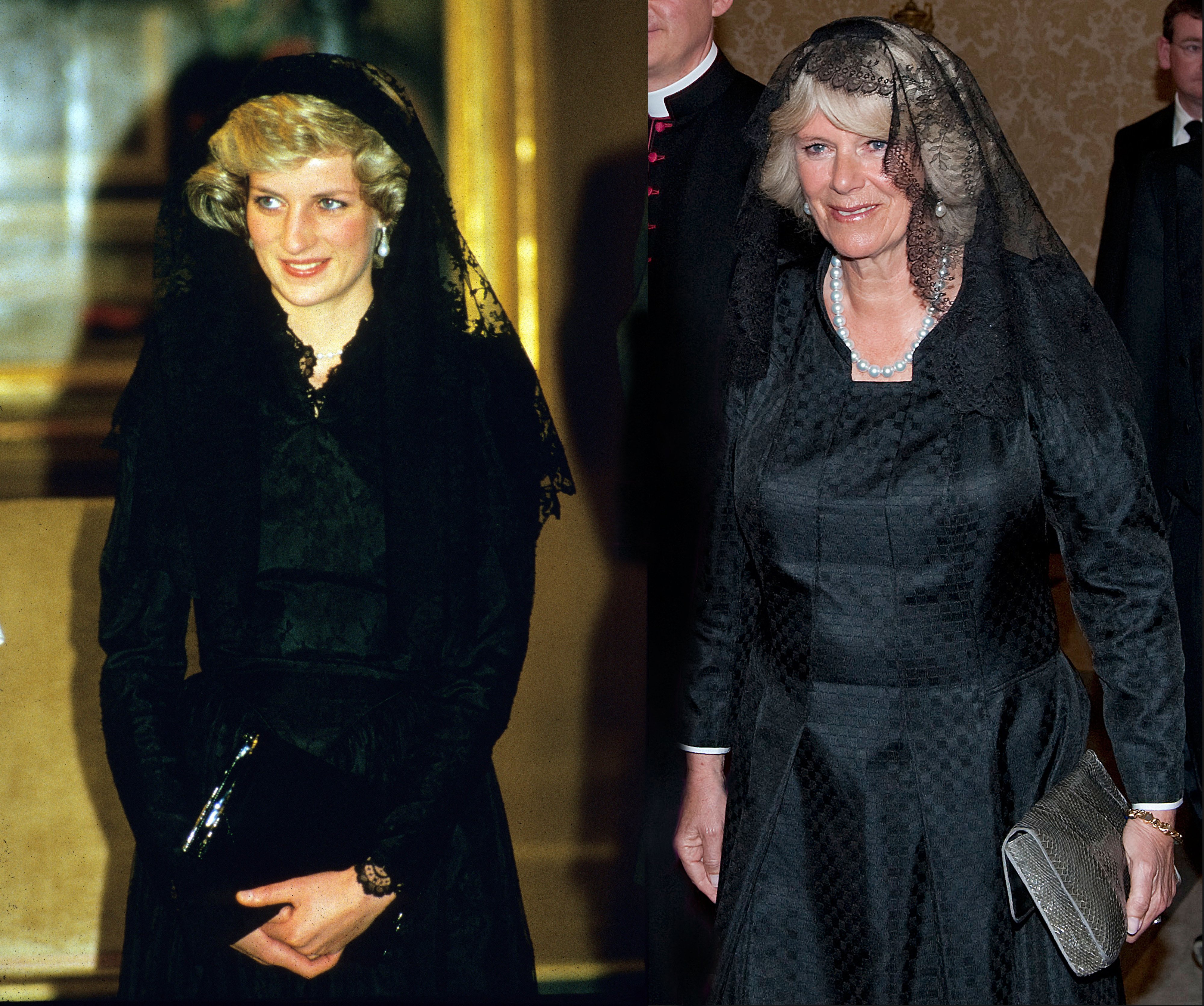 Zusammengesetzter Bildvergleich zwischen Prinzessin Diana bei ihrer Ankunft im Vatikan im April 1985 und Camilla, Herzogin von Cornwall, die Papst Benedikt XVI. im Petersdom am 27. April 2009 in der Vatikanstadt, dem Vatikan, trifft | Quelle: Getty Images