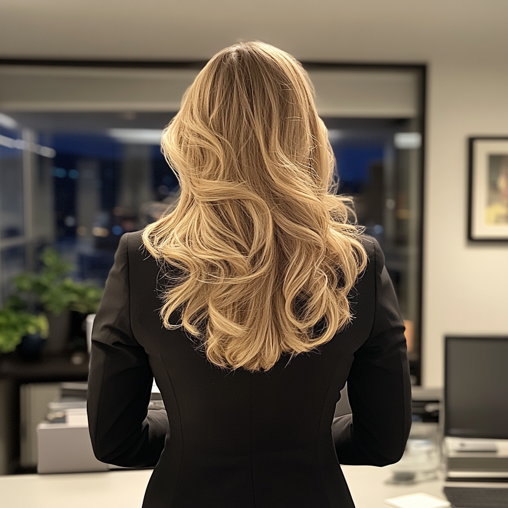 Die Rückansicht einer Frau in einem Büro | Quelle: Midjourney