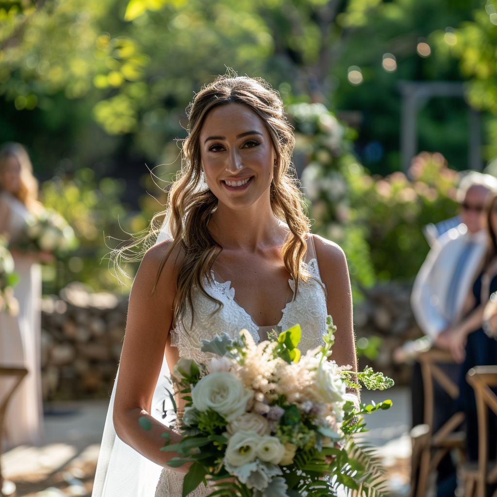 Eine Braut hält Blumen an ihrem Hochzeitstag | Quelle: Midjourney