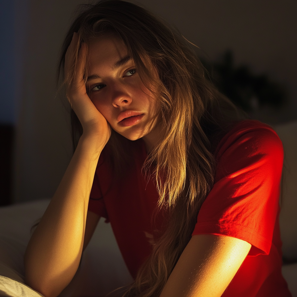 Eine erschöpfte junge Frau, die auf einem Bett sitzt | Quelle: Midjourney