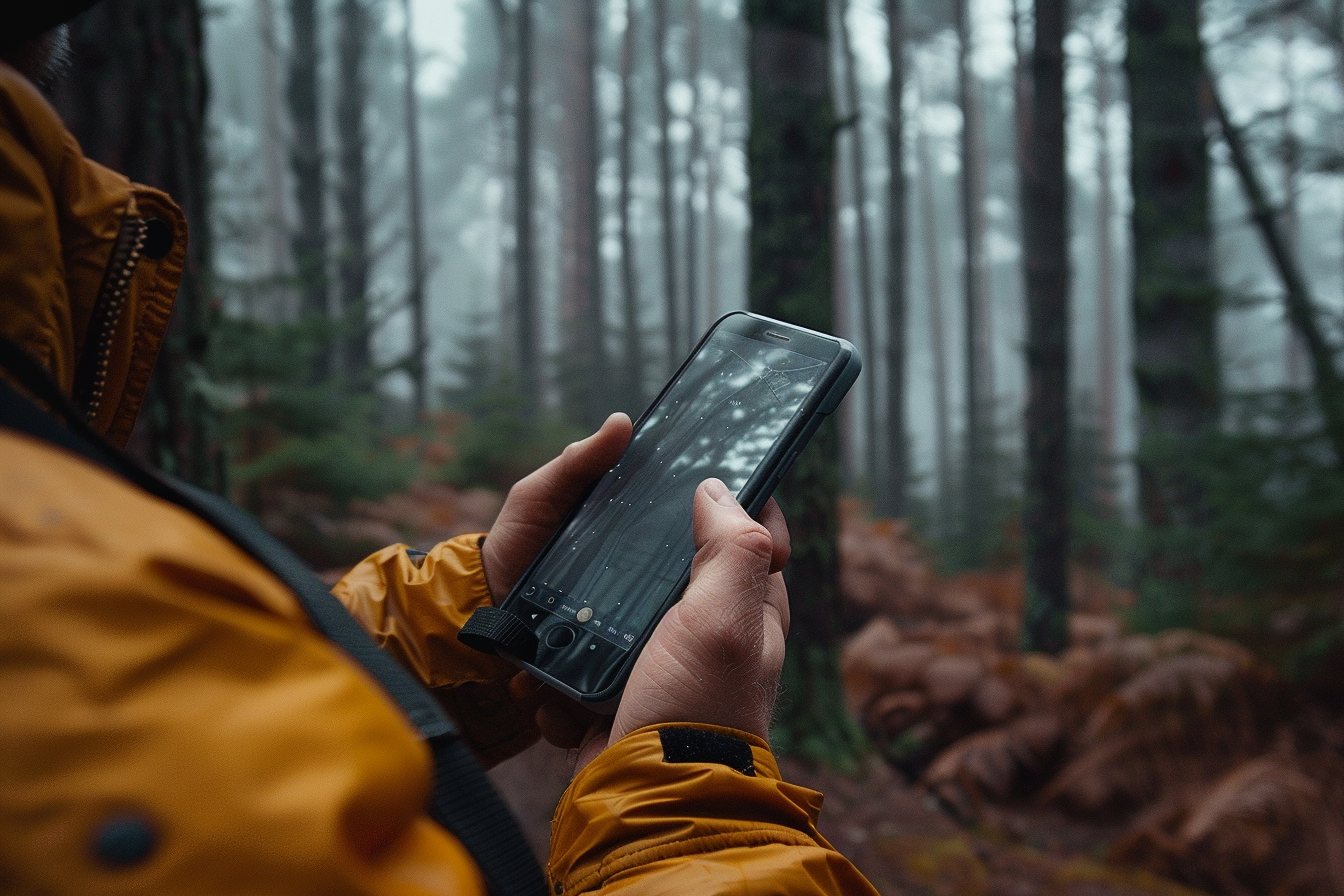 Ein Mann hält sein Telefon in einem Wald | Quelle: Midjourney