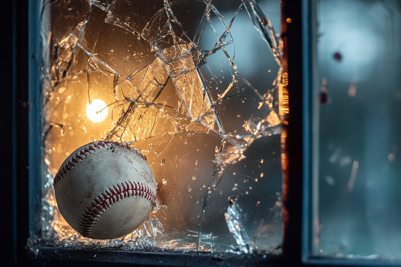 Nahaufnahme eines Baseballs, der ein Fenster zerschlägt | Quelle: Midjourney