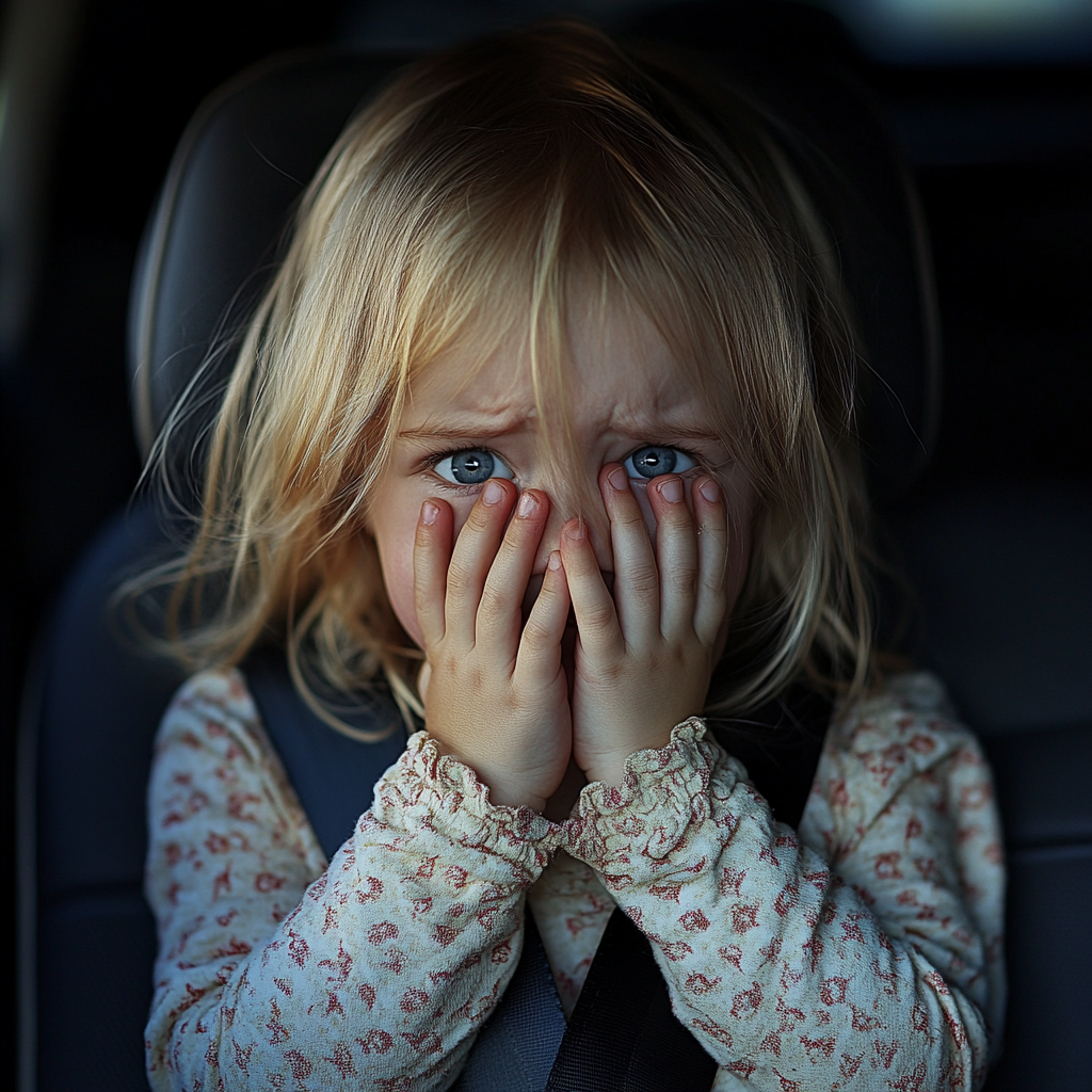 Ein emotionales kleines Mädchen, das sein Gesicht bedeckt, während es auf dem Rücksitz eines Autos sitzt | Quelle: Midjourney