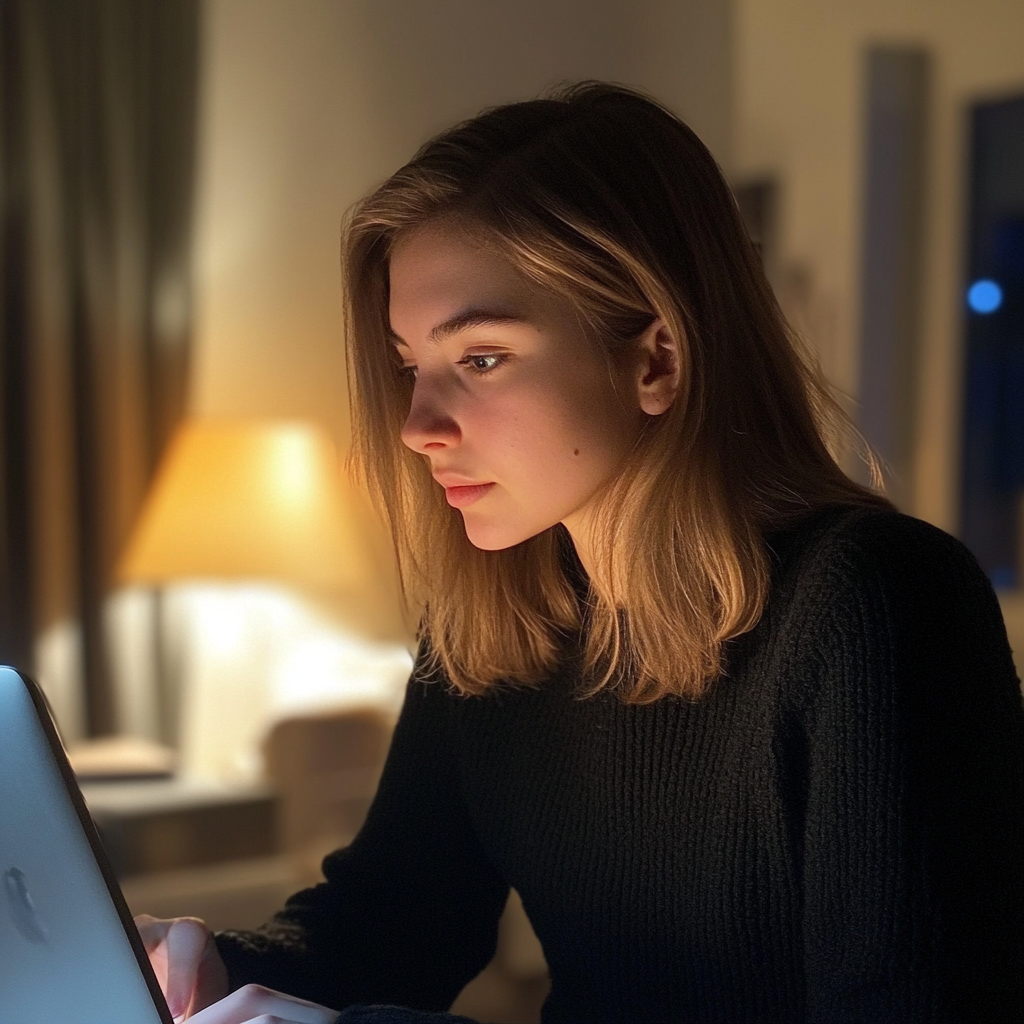 Eine Frau benutzt ihren Laptop in der Nacht | Quelle: Midjourney