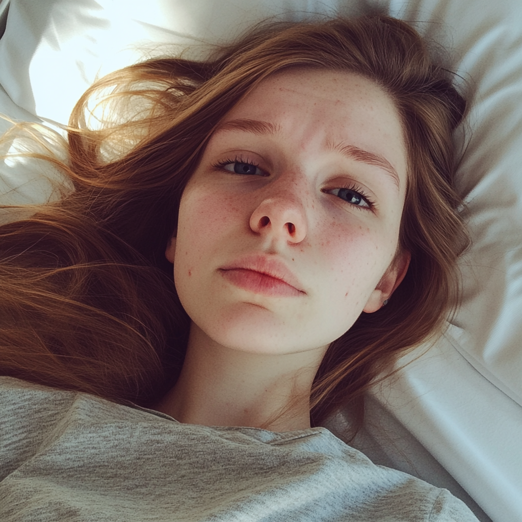 Eine aufgeregte junge Frau in einem Krankenhausbett | Quelle: Midjourney