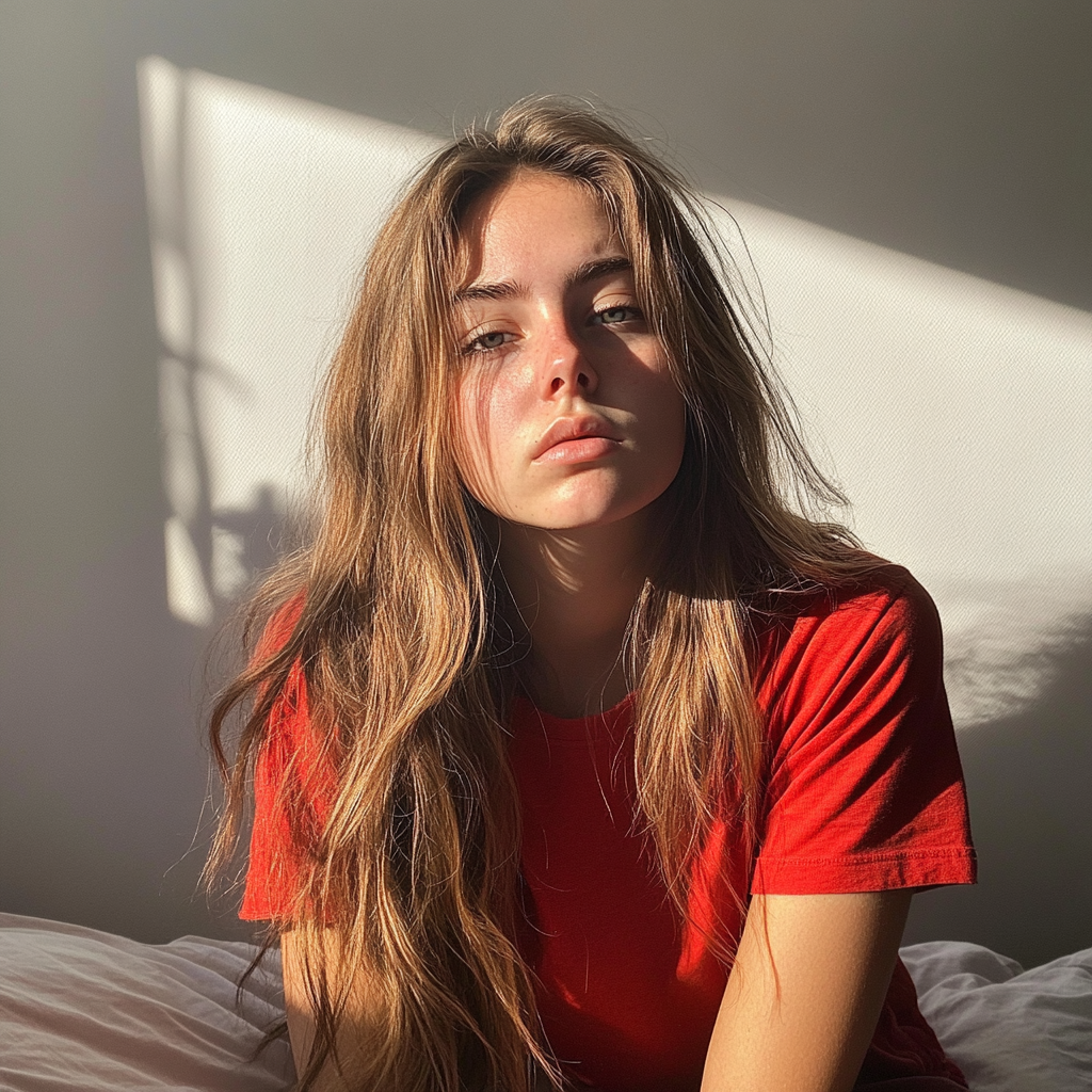 Eine junge Frau trägt ein rotes T-Shirt | Quelle: Midjourney