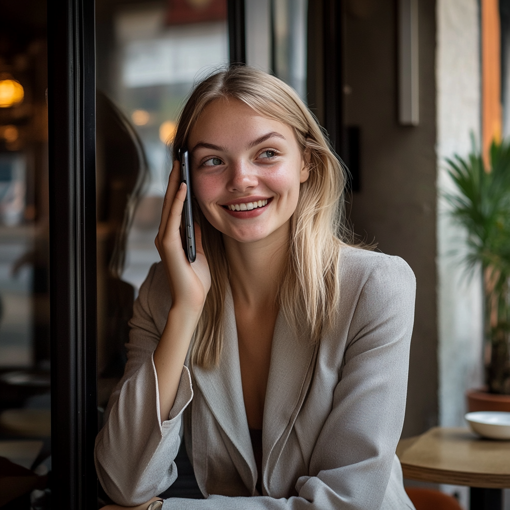 Eine Frau lächelt, während sie telefoniert | Quelle: Midjourney