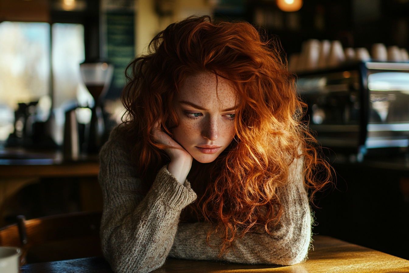 Eine rothaarige Frau schaut beschämt zu Boden in einem Café | Quelle: Midjourney