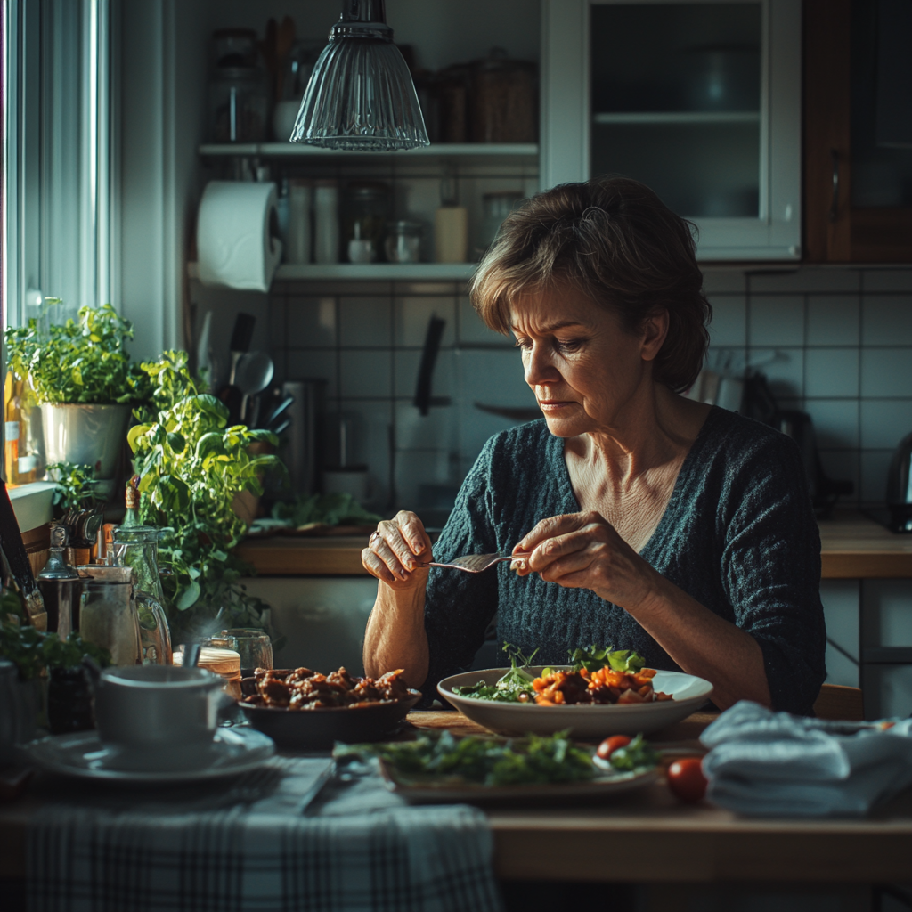 Eine Frau isst ihre Mahlzeit | Quelle: Midjourney