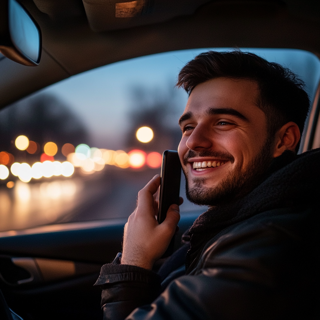 Ein lächelnder Mann, der während der Fahrt telefoniert | Quelle: Midjourney