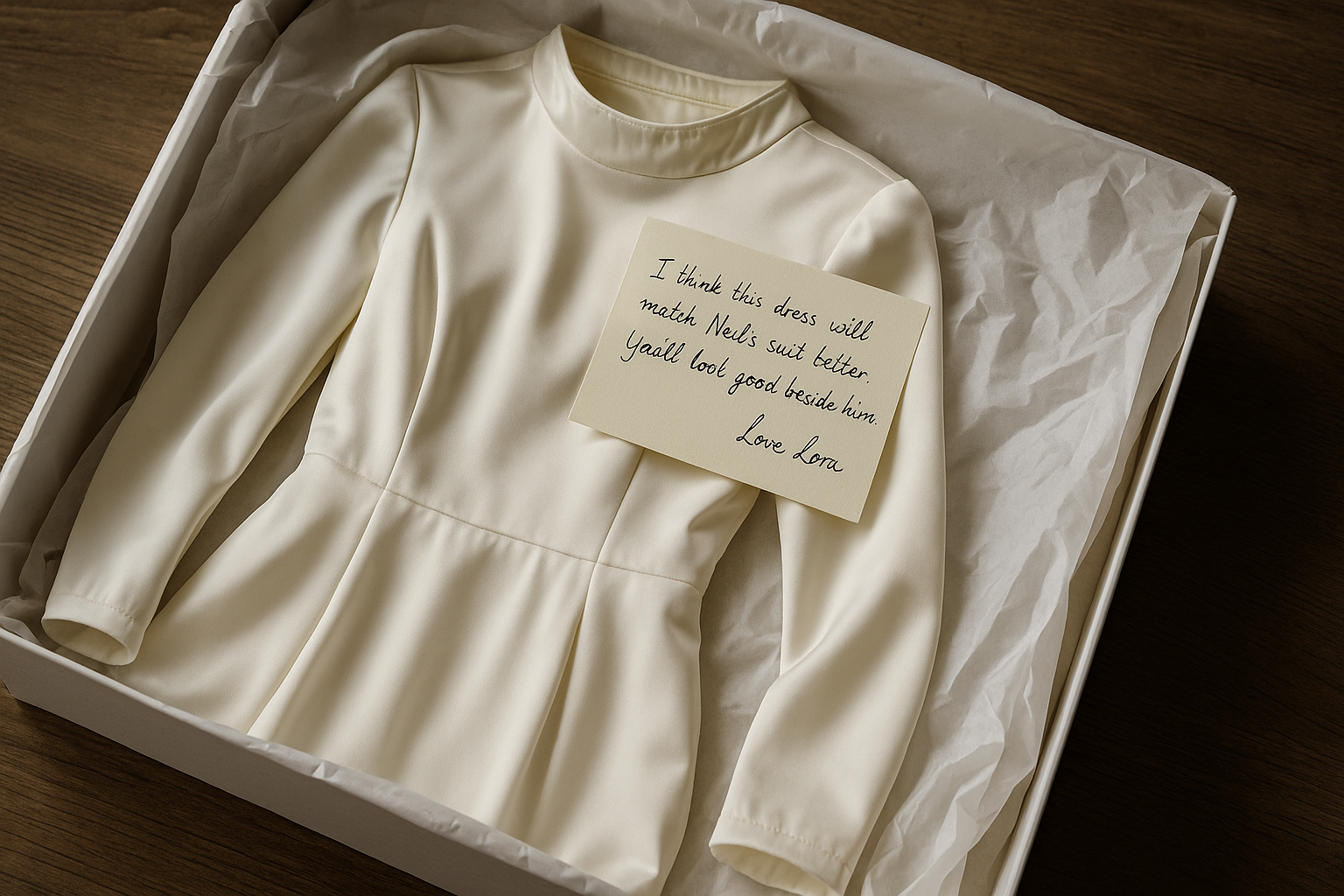 Ein weißes Kleid mit einer Notiz im Paket | Quelle: Sora