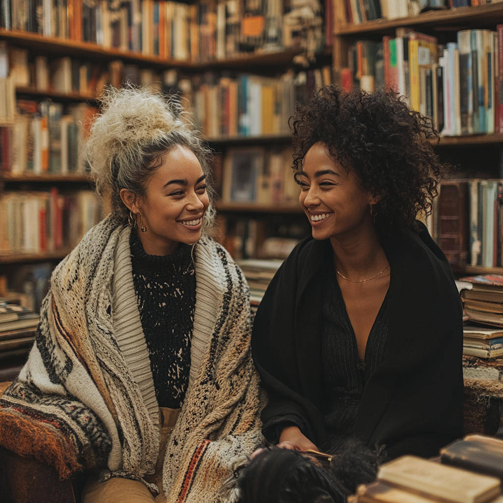 Zwei aufgeregte Frauen unterhalten sich in einer Bibliothek | Quelle: Midjourney