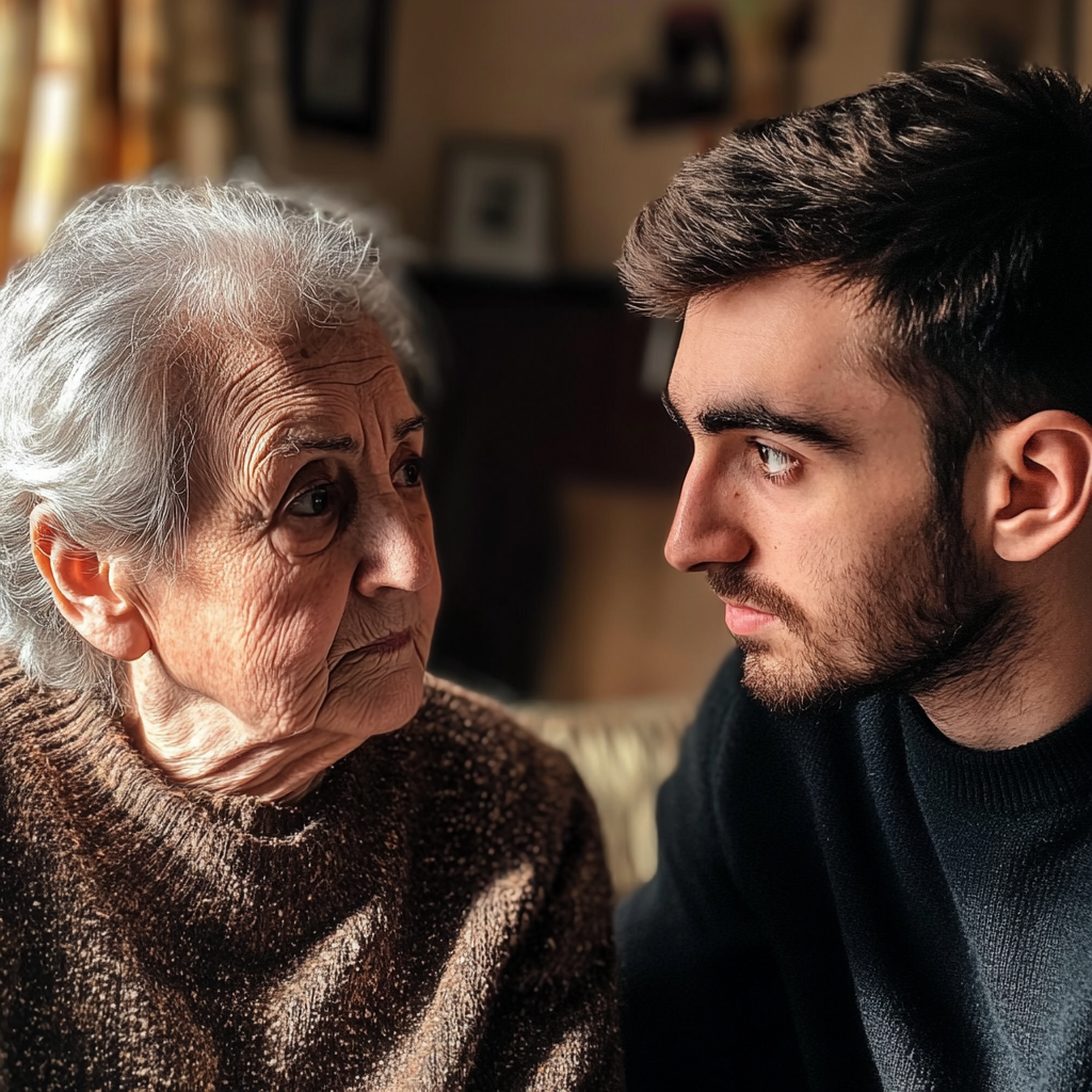 Ein Mann im Gespräch mit seiner traurigen Mutter | Quelle: Midjourney