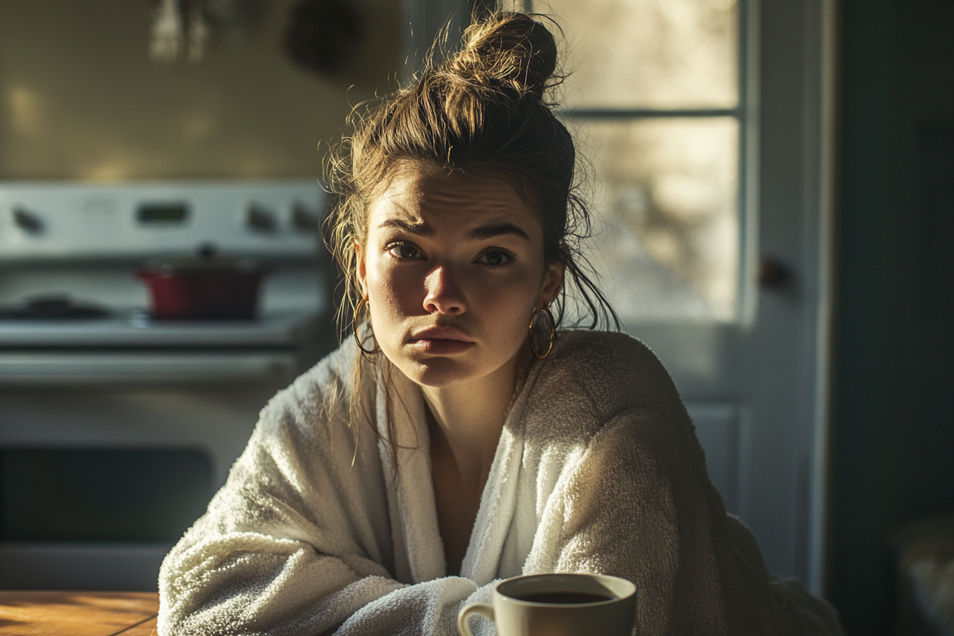 Eine Frau in den 30ern an einem Küchentisch mit einer Tasse Tee, die traurig und aufgebracht aussieht | Quelle: Midjourney