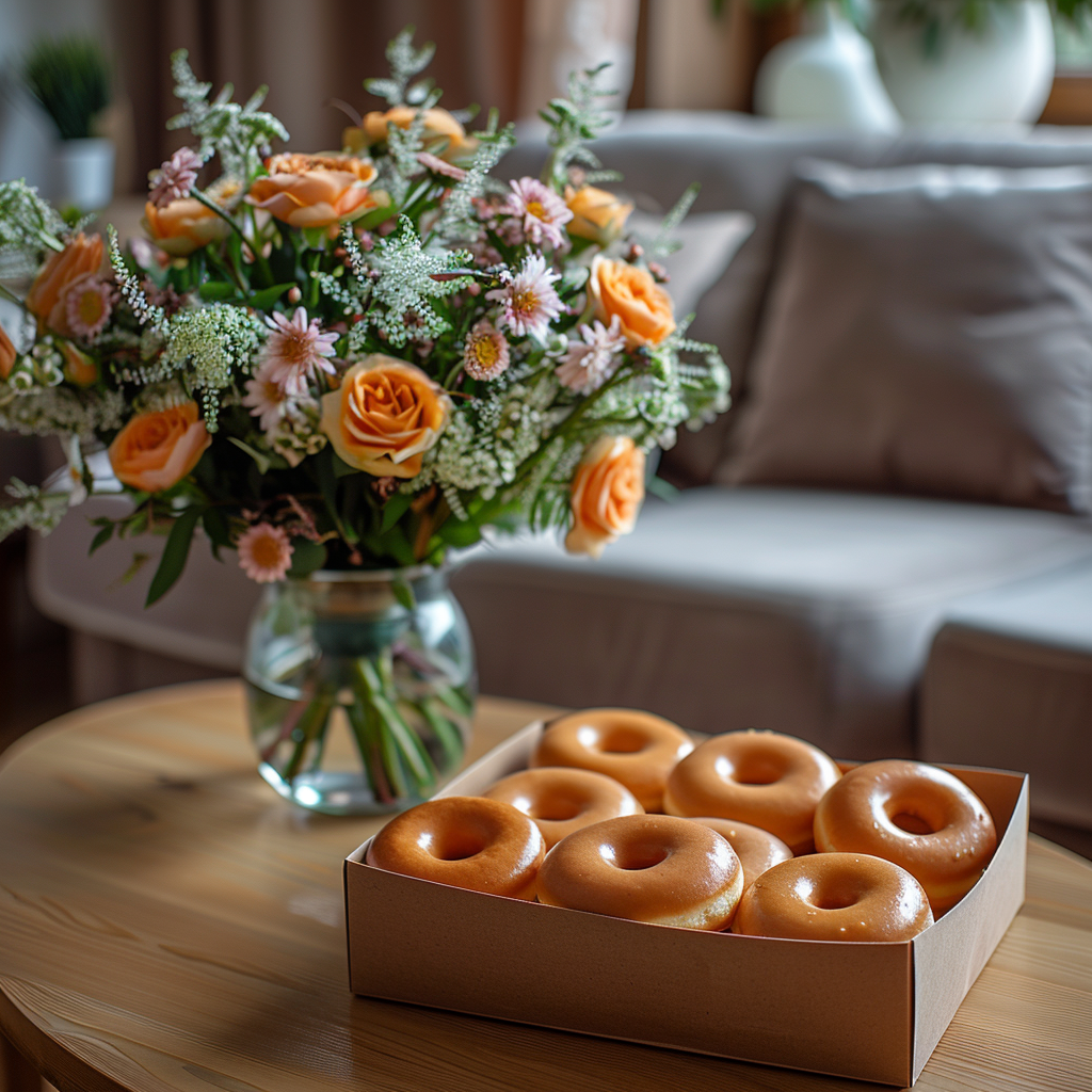 Eine Blumenvase und eine Schachtel mit Donuts liegen auf einem Tisch | Quelle: Midjourney