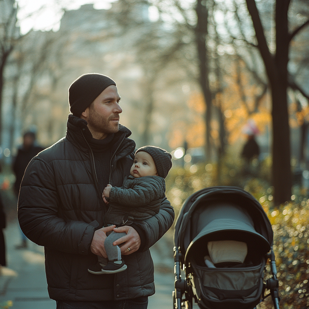 Ein Mann trägt ein Baby, während er einen Kinderwagen schiebt | Quelle: Midjourney