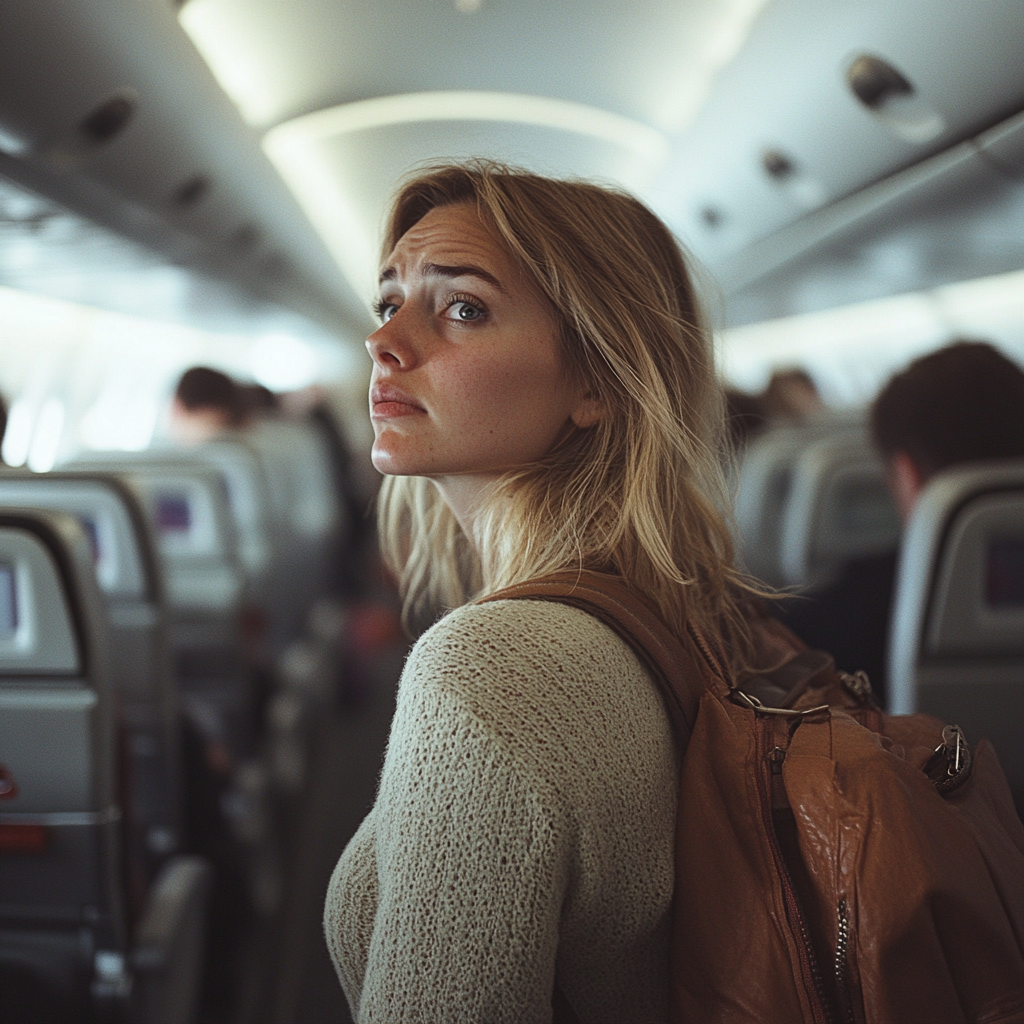 Eine unglückliche Frau in einem Flugzeug | Quelle: Midjourney