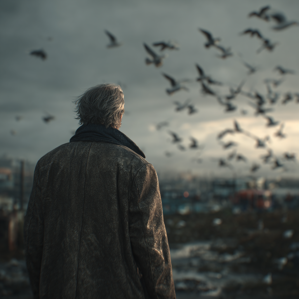 Ein älterer Mann steht auf einem Schrottplatz | Quelle: Midjourney