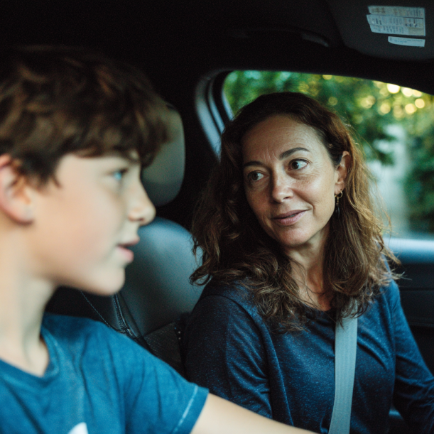 Eine Mutter und ihr Sohn unterhalten sich in einem Auto | Quelle: Midjourney