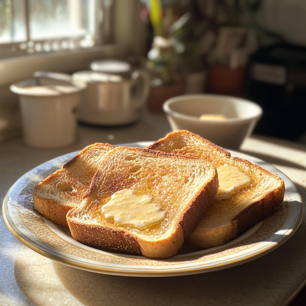 Ein Teller mit gebuttertem Toast | Quelle: Midjourney