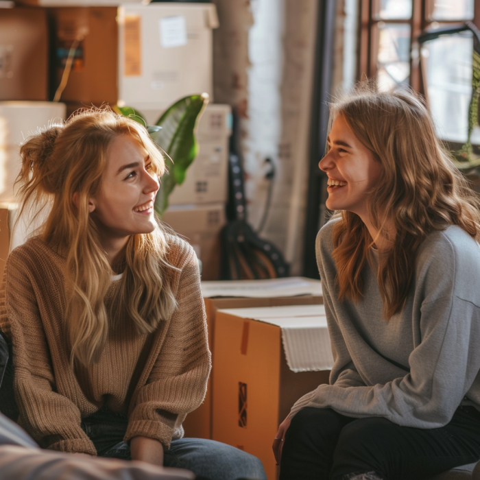 Zwei Frauen unterhalten sich, während sie von ausgepackten Kisten in einer Wohnung umgeben sind | Quelle: Midjourney