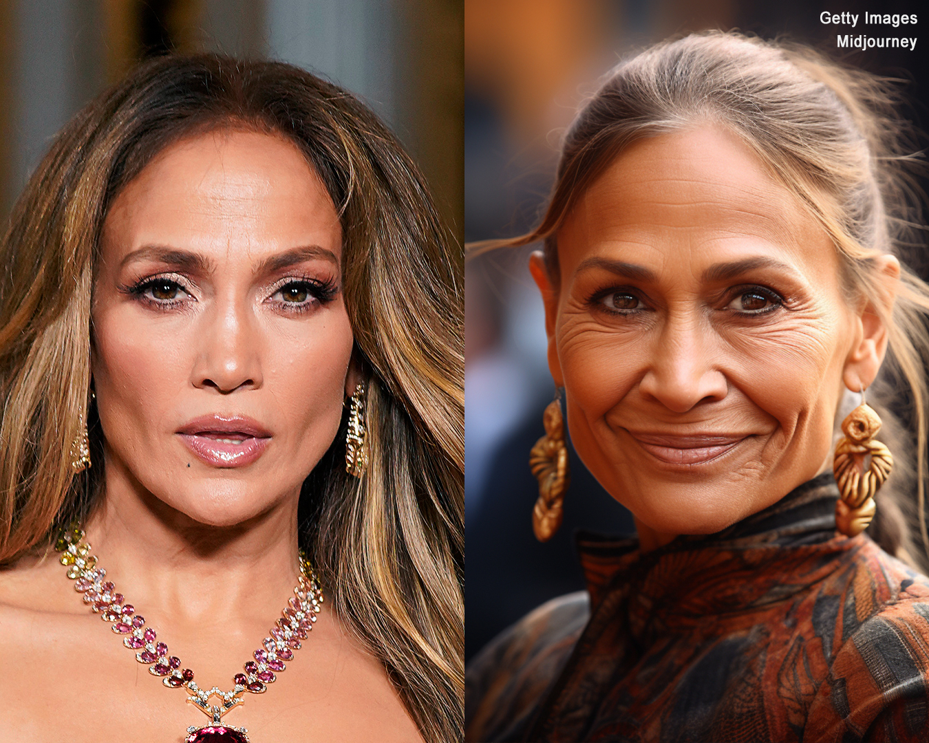 Jennifer Lopez in ihren 50ern | Eine KI-Darstellung davon, wie Jennifer Lopez in ihren 70ern aussehen könnte | Quelle: Getty Images | Midjourney
