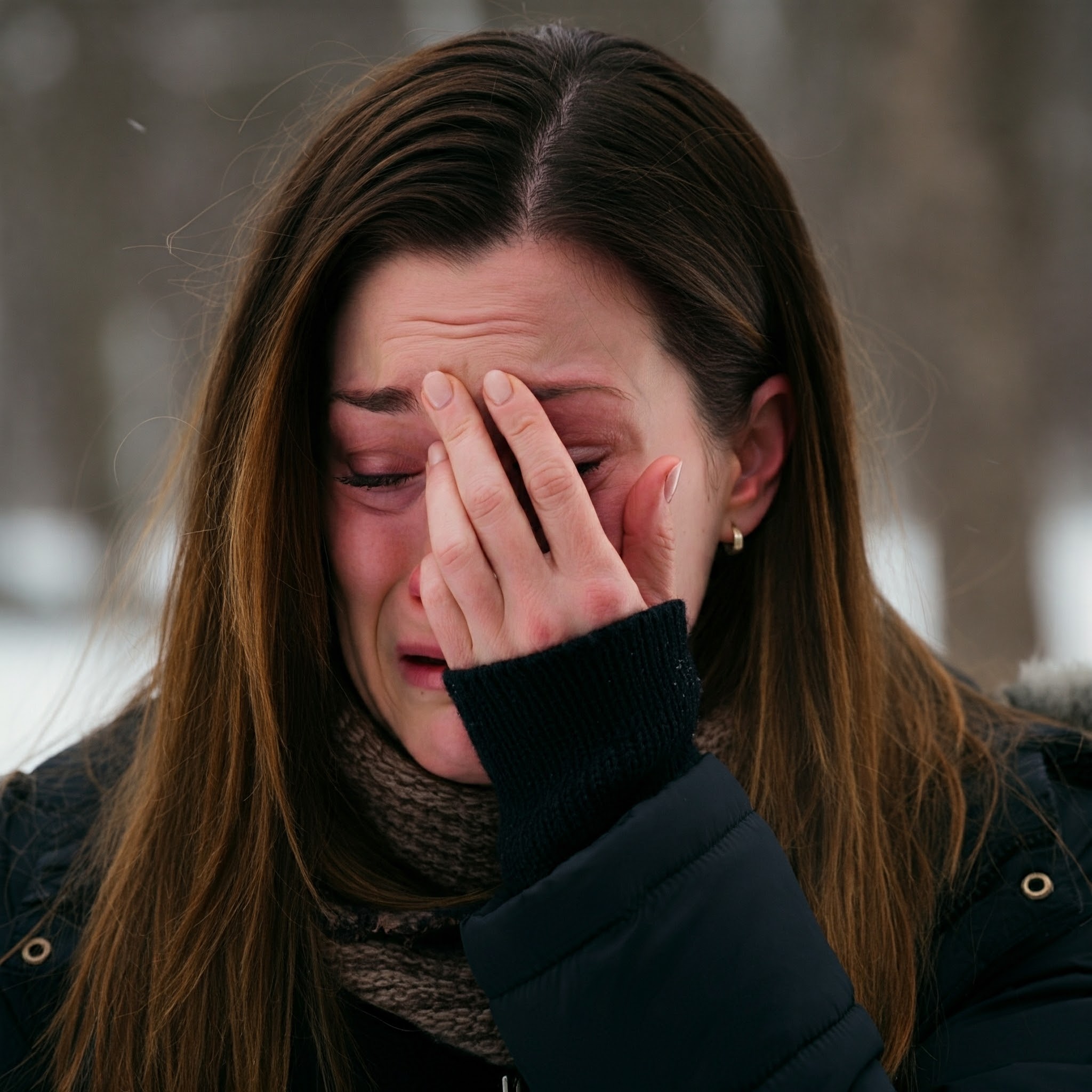 Eine weinende Frau draußen im Schnee | Quelle: Gemini