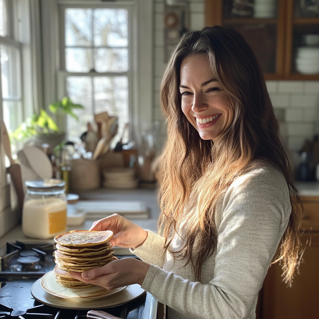 Eine lächelnde Frau mit einem Stapel Pfannkuchen | Quelle: Midjourney