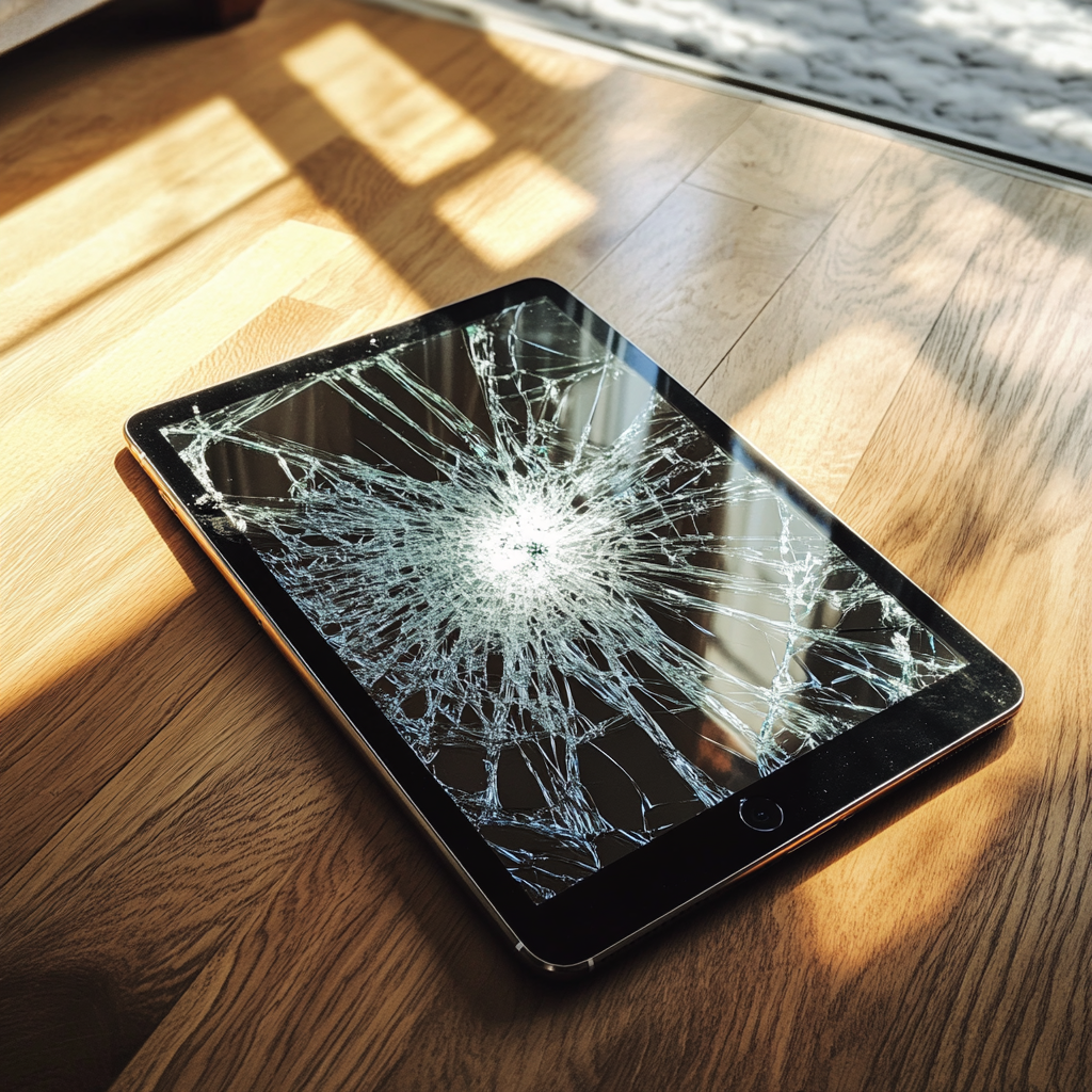 Ein zerbrochenes iPad auf dem Wohnzimmerboden | Quelle: Midjourney