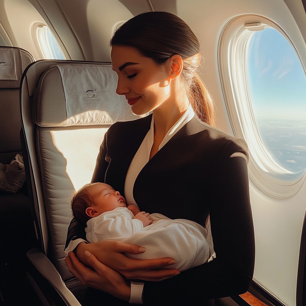 Eine Flugbegleiterin hält ein Baby | Quelle: Midjourney